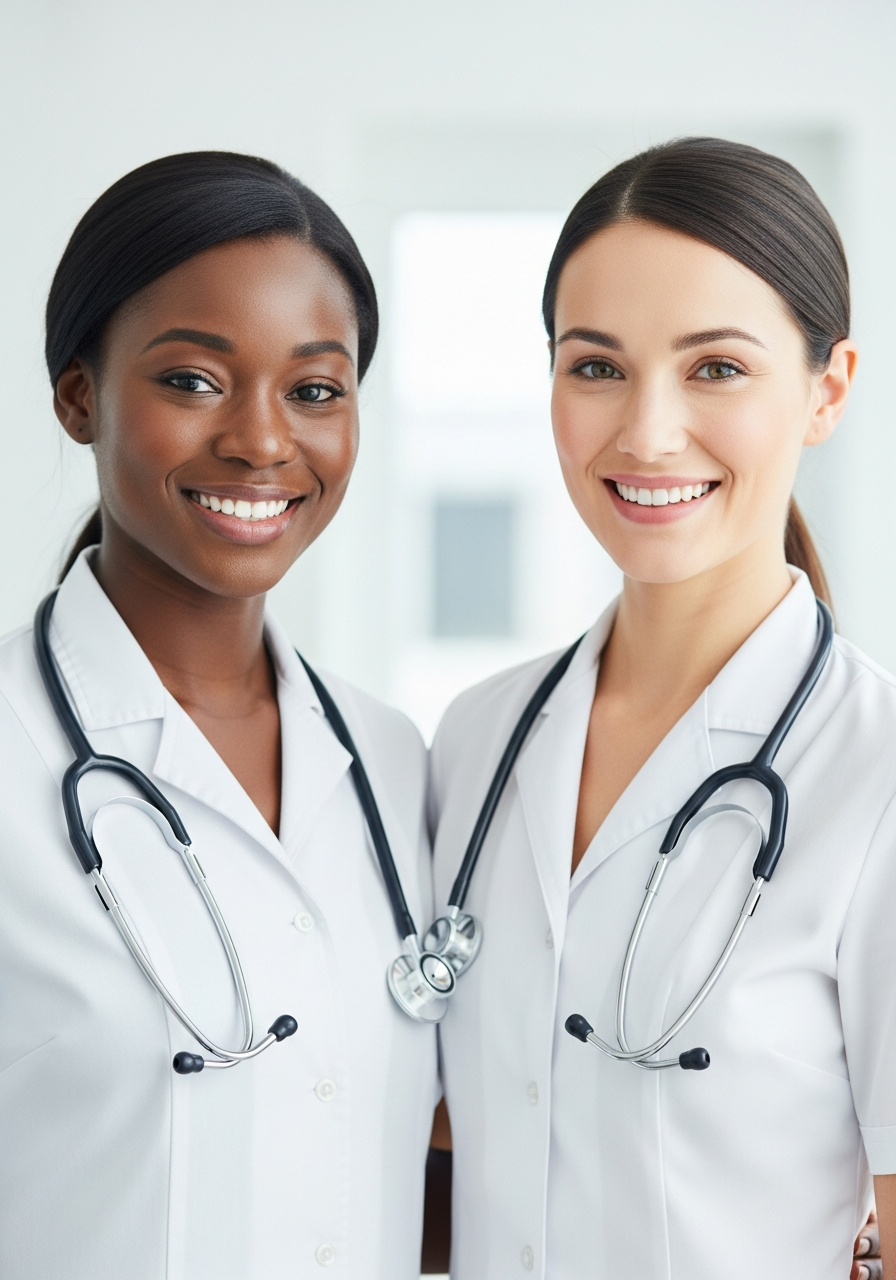 Deux infirmières professionnelles souriantes, prêtes à accompagner votre rédaction de TFE infirmier